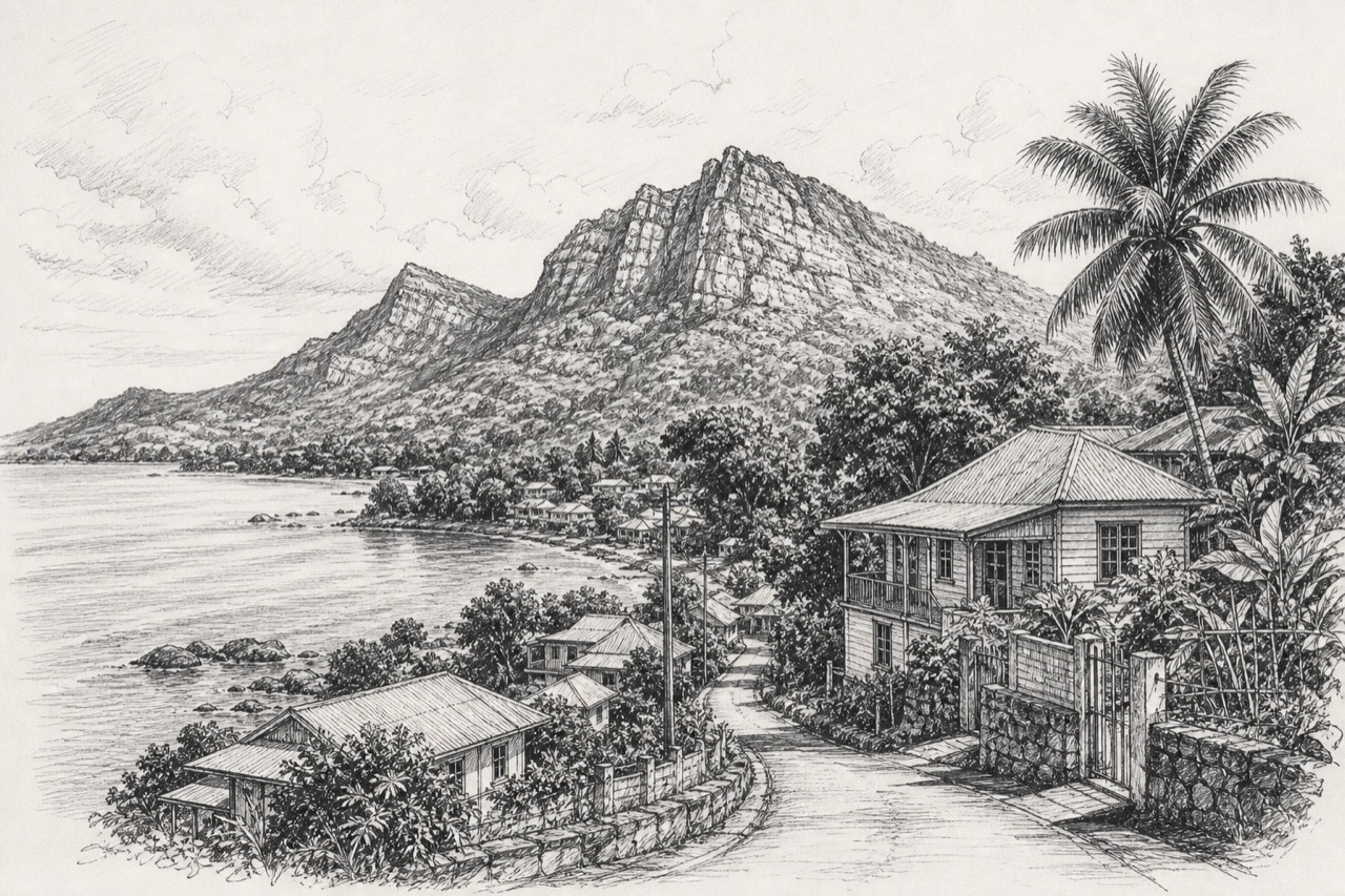 Hand-drawn pencil travel sketch for Port Glaud, Seychelles