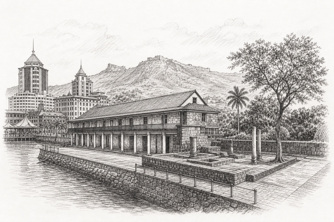 Hand-drawn pencil travel sketch for Port Louis, Mauritius