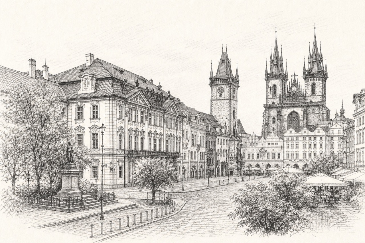Hand-drawn pencil travel sketch for Prague, Czechia