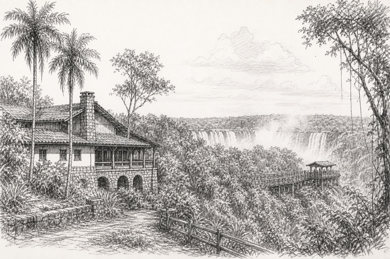 Hand-drawn pencil travel sketch for Puerto Iguazú, Argentina