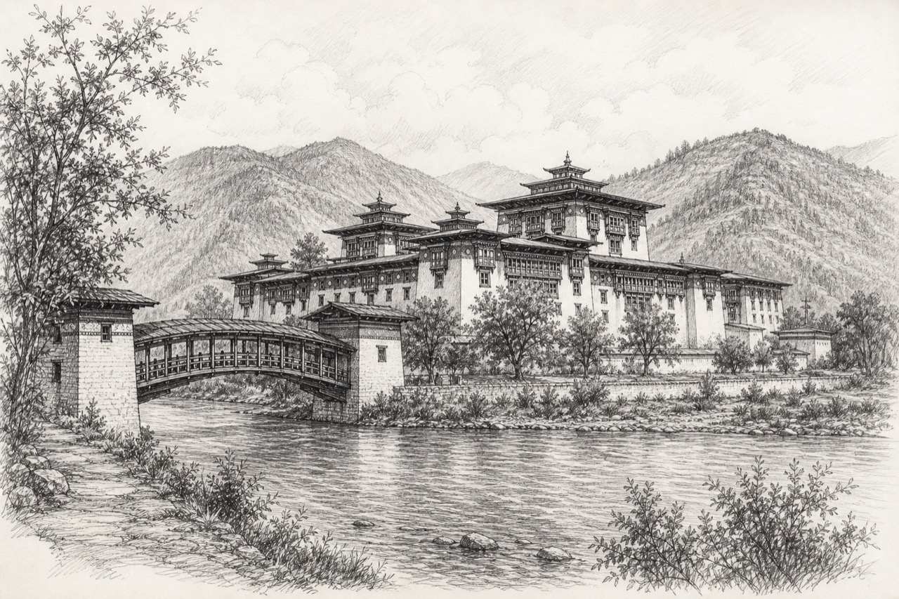 Hand-drawn pencil travel sketch for Punākha, Bhutan