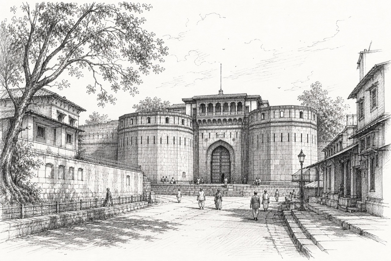 Hand-drawn pencil travel sketch for Pune