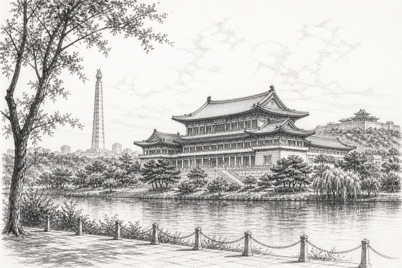 Hand-drawn pencil travel sketch for Pyongyang, North Korea