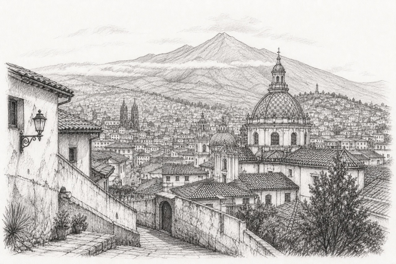 Hand-drawn pencil travel sketch for Quito, Ecuador