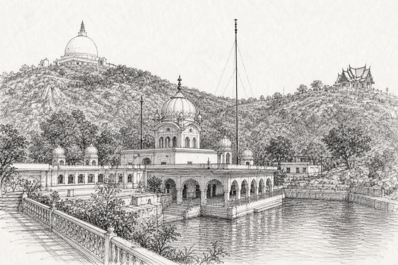 Hand-drawn pencil travel sketch for Rājgīr