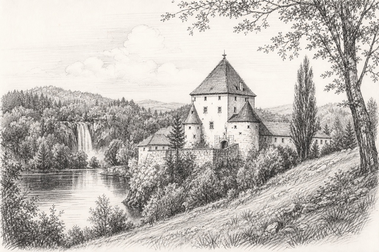 Hand-drawn pencil travel sketch for Rakovica, Croatia