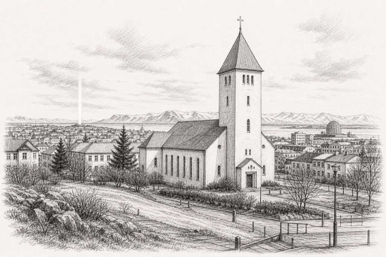 Hand-drawn pencil travel sketch for Reykjavík, Iceland
