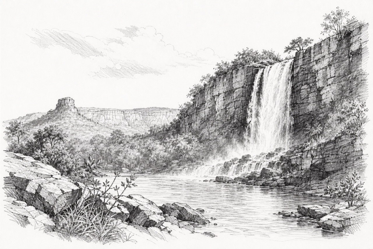 Hand-drawn pencil travel sketch for Rio da Conceição, Brazil