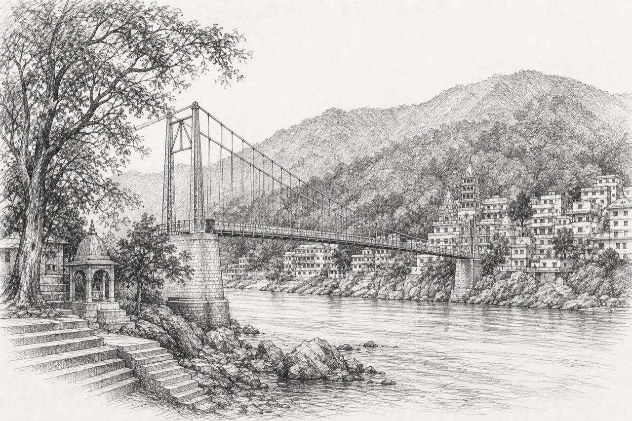 Hand-drawn pencil travel sketch for Rishīkesh