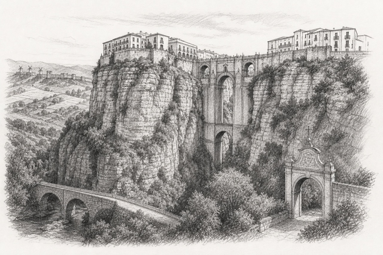 Hand-drawn pencil travel sketch for Ronda, Spain