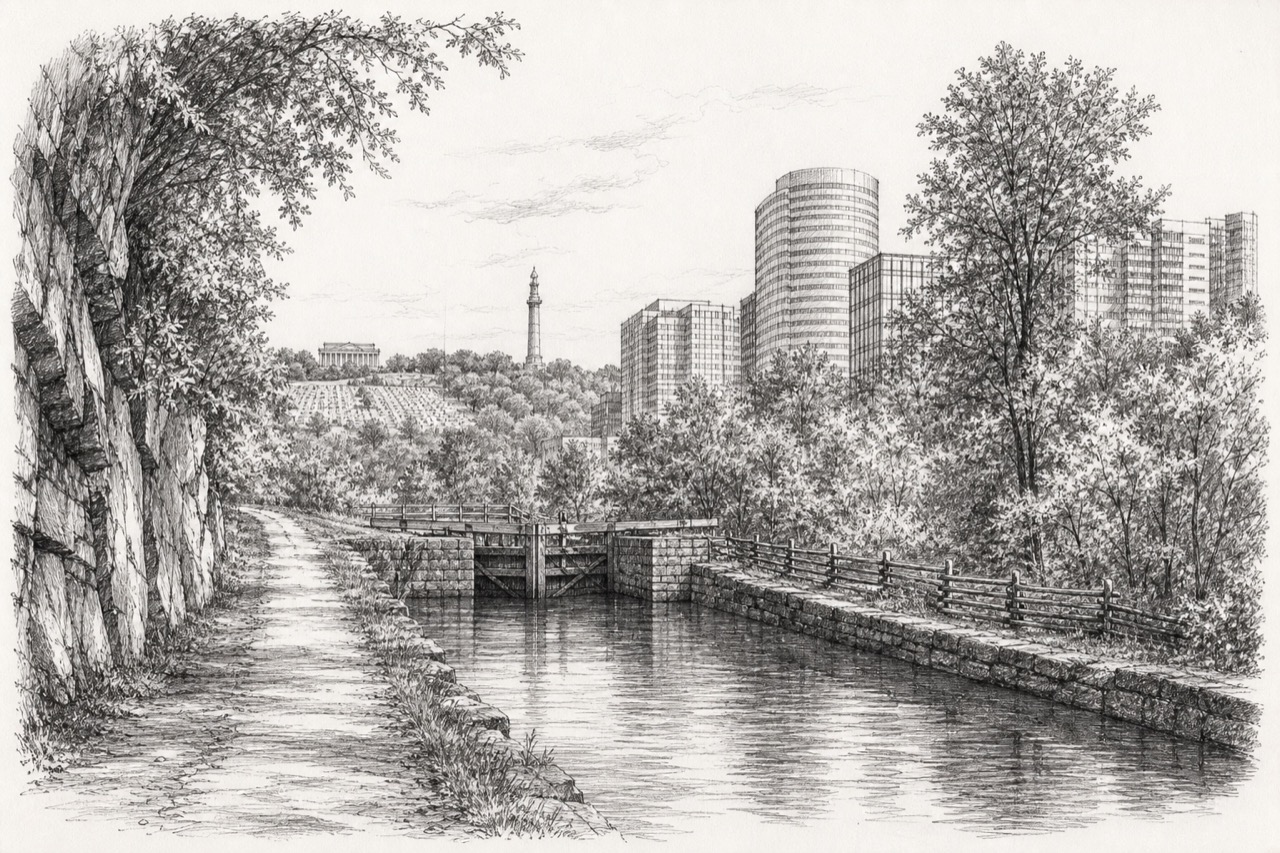 Hand-drawn pencil travel sketch for Rosslyn, United States