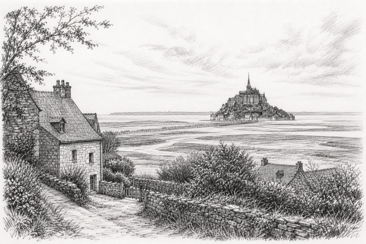 Hand-drawn pencil travel sketch for Roz-sur-Couesnon, France