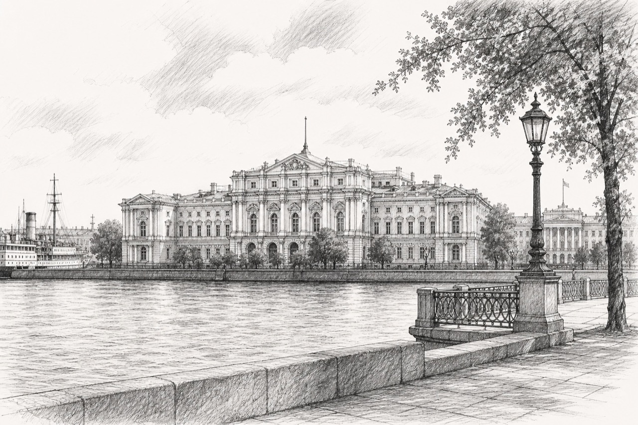 Hand-drawn pencil travel sketch for Saint Petersburg, Russia