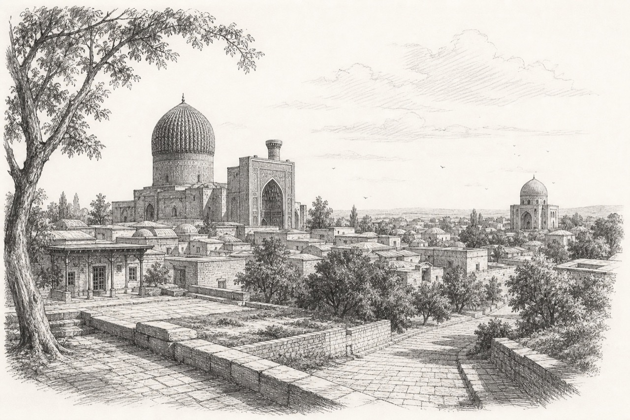 Hand-drawn pencil travel sketch for Samarkand, Uzbekistan