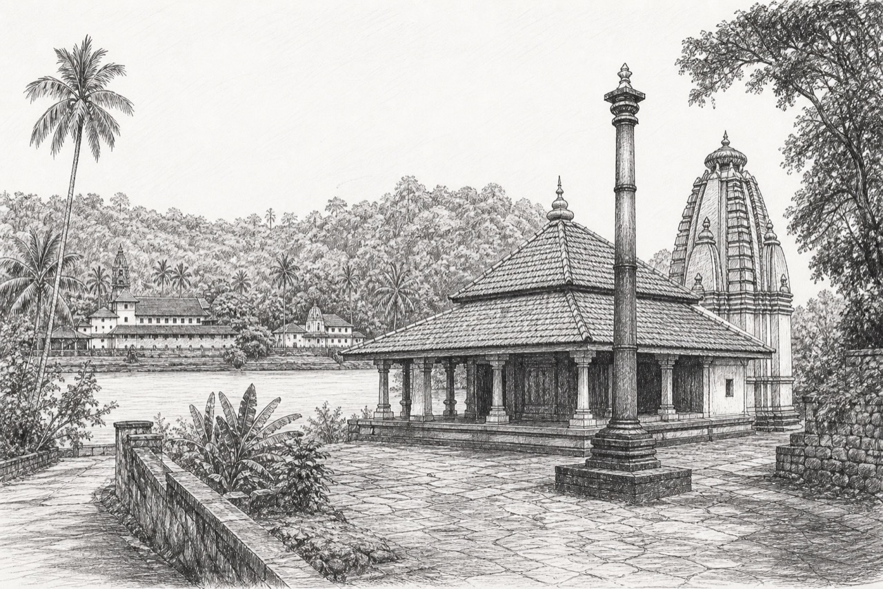 Hand-drawn pencil travel sketch for Sanguem