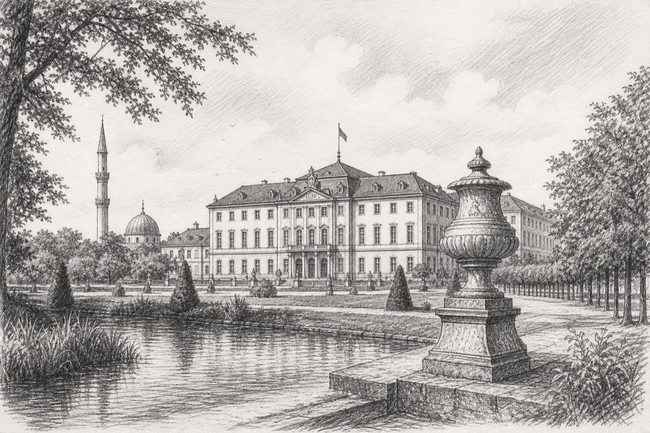 Hand-drawn pencil travel sketch for Schwetzingen, Germany