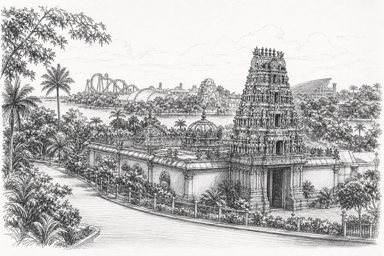 Hand-drawn pencil travel sketch for Sentosa, Singapore