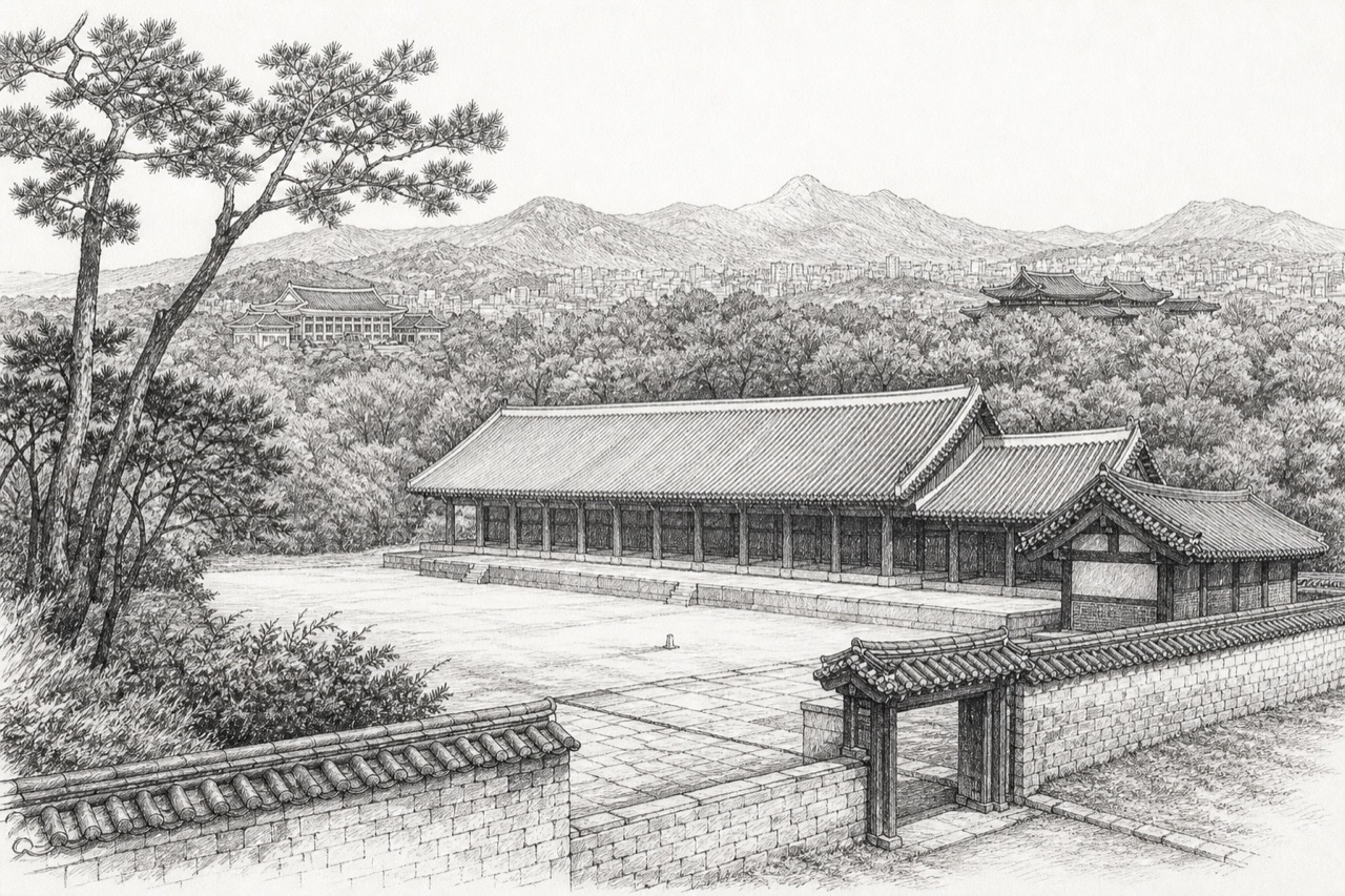 Hand-drawn pencil travel sketch for Seoul, South Korea