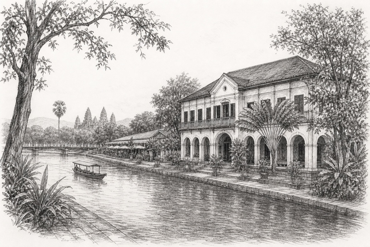 Hand-drawn pencil travel sketch for Siem Reap, Cambodia