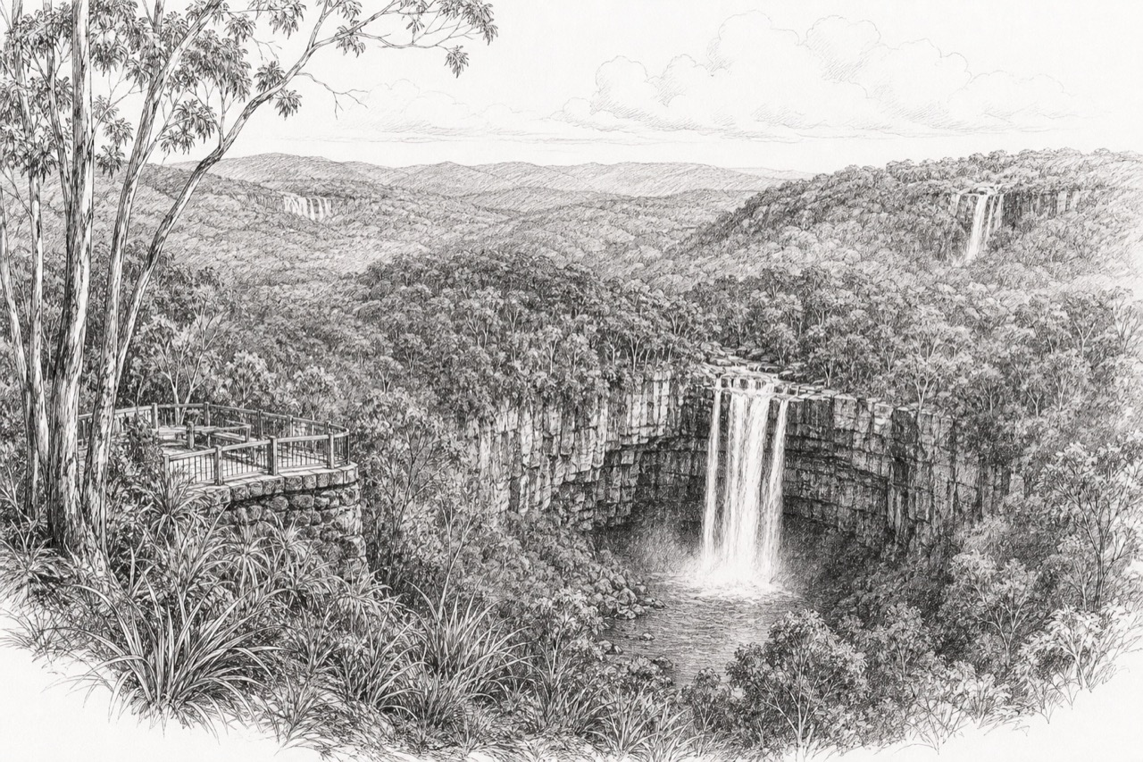 Hand-drawn pencil travel sketch for Springbrook, Australia