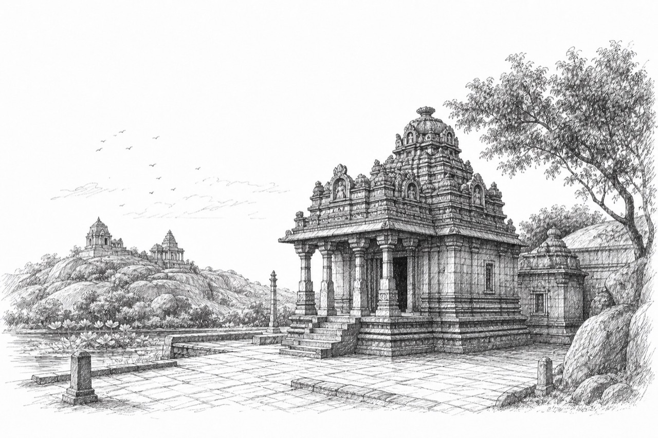 Hand-drawn pencil travel sketch for Srāvana Belgola, India