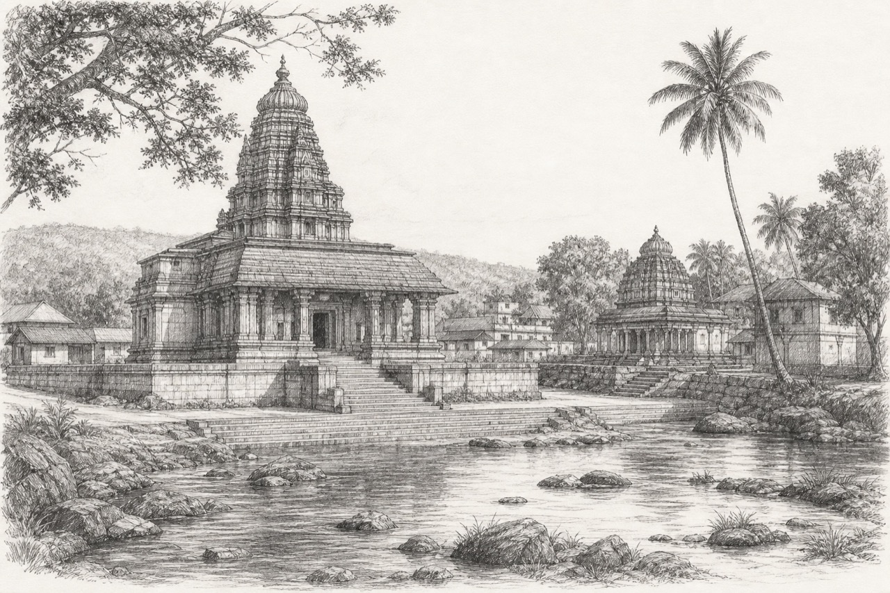 Hand-drawn pencil travel sketch for Sringeri