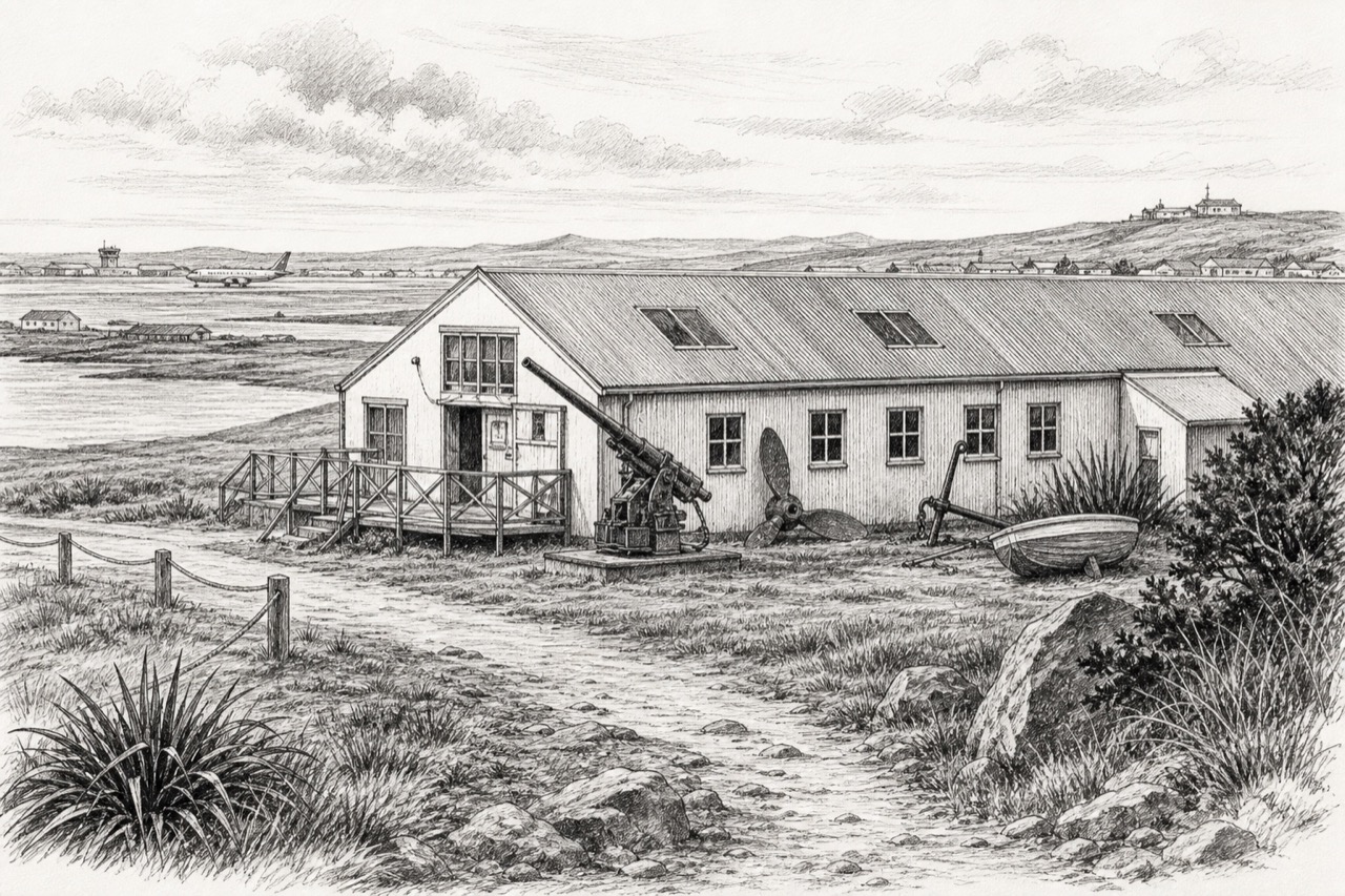 Hand-drawn pencil travel sketch for Stanley, Falkland Islands