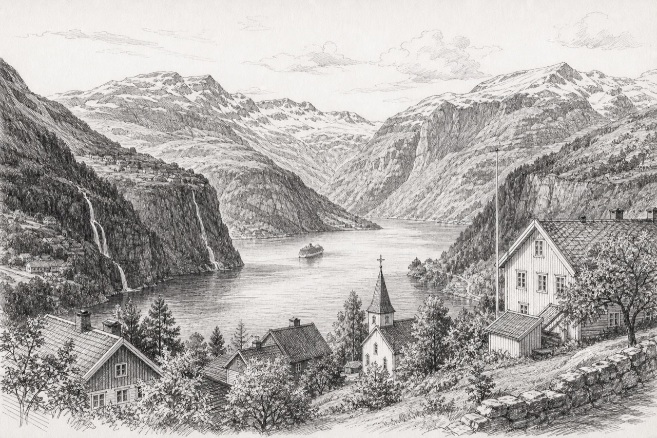 Hand-drawn pencil travel sketch for Stranda, Norway