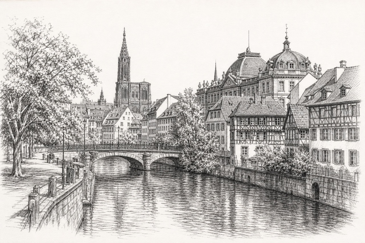 Hand-drawn pencil travel sketch for Strasbourg, France