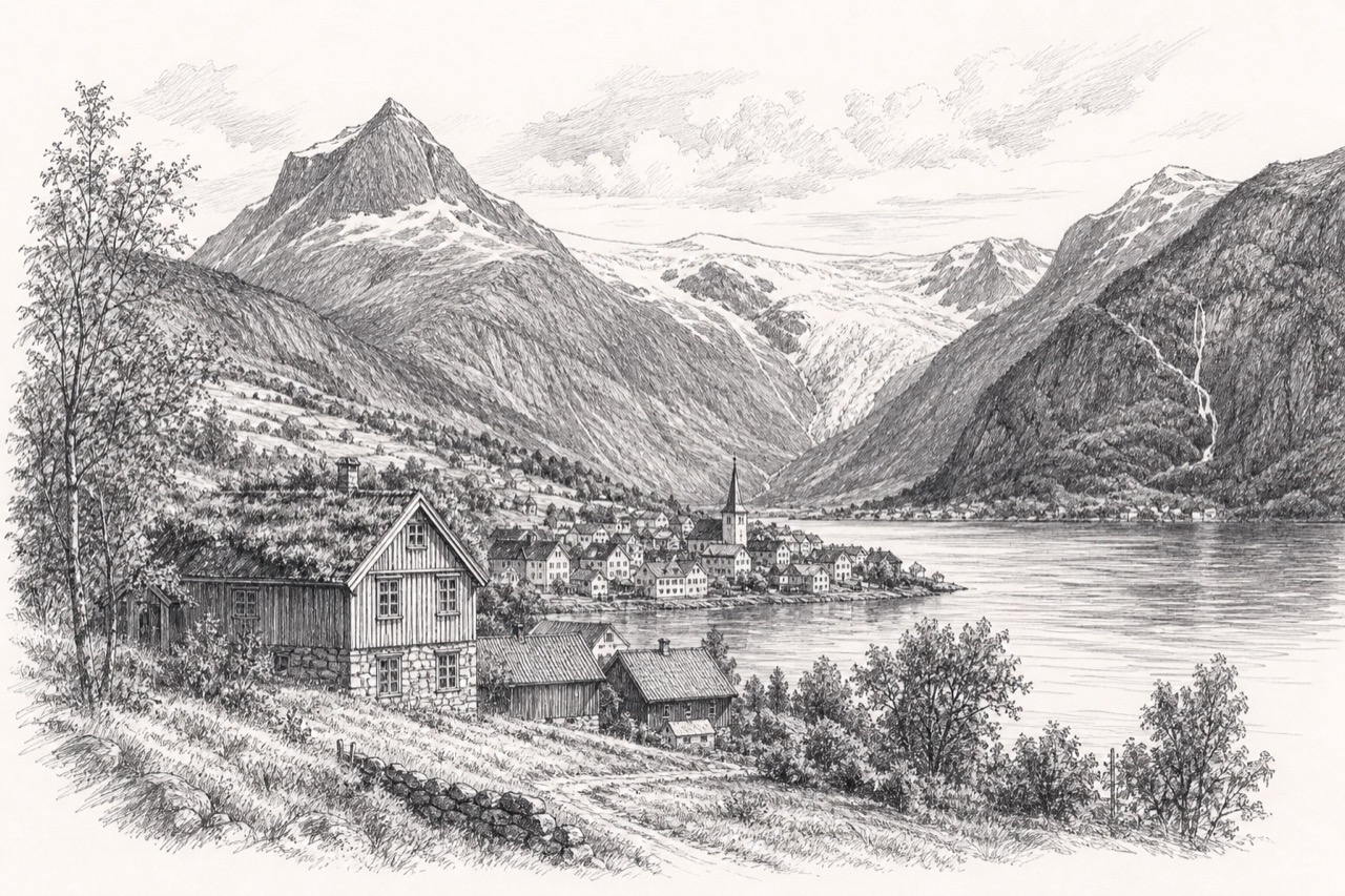 Hand-drawn pencil travel sketch for Stryn, Norway