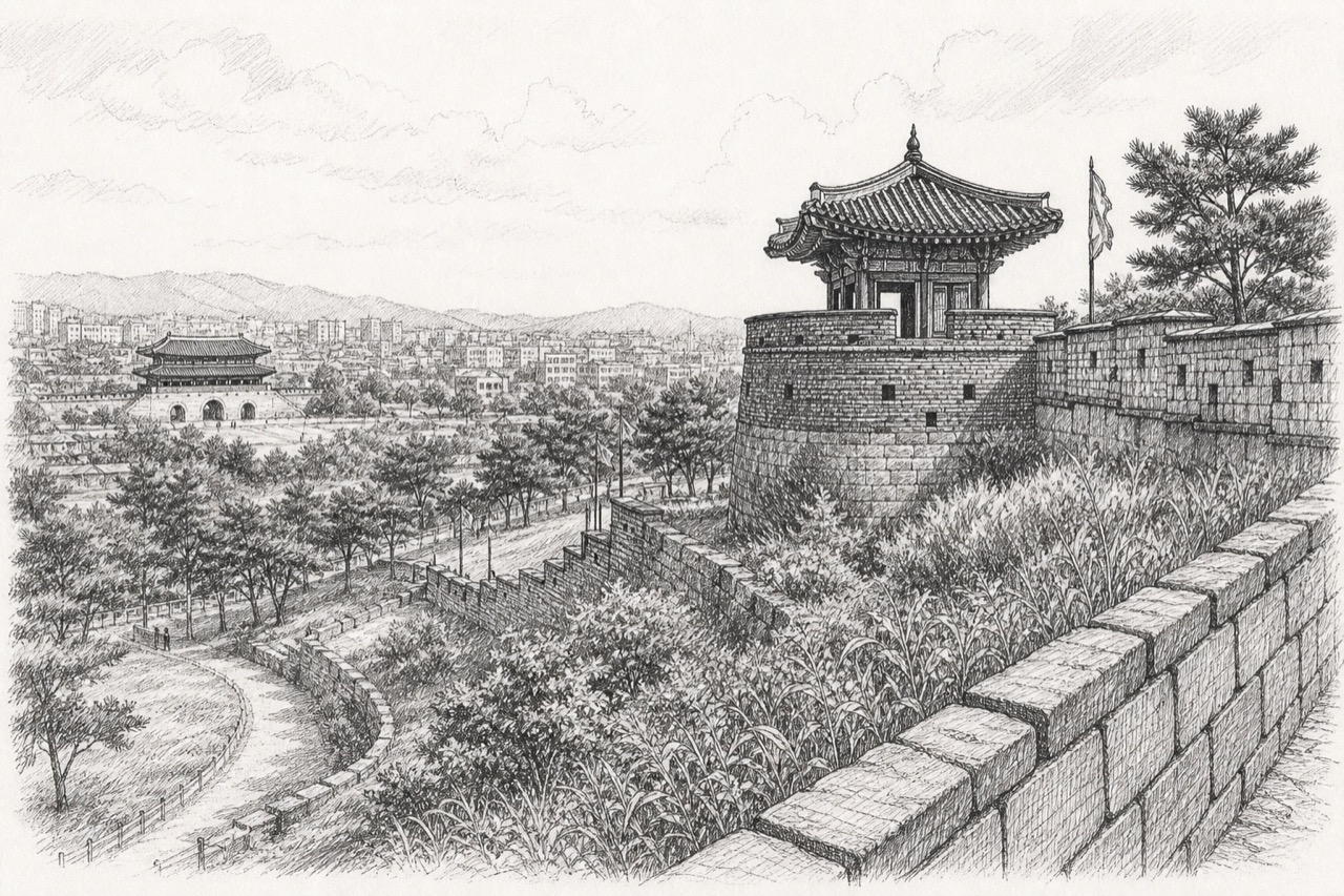 Hand-drawn pencil travel sketch for Suwon, South Korea