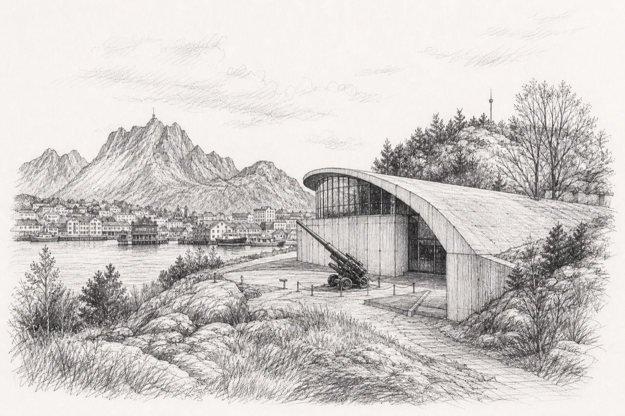 Hand-drawn pencil travel sketch for Svolvær, Norway
