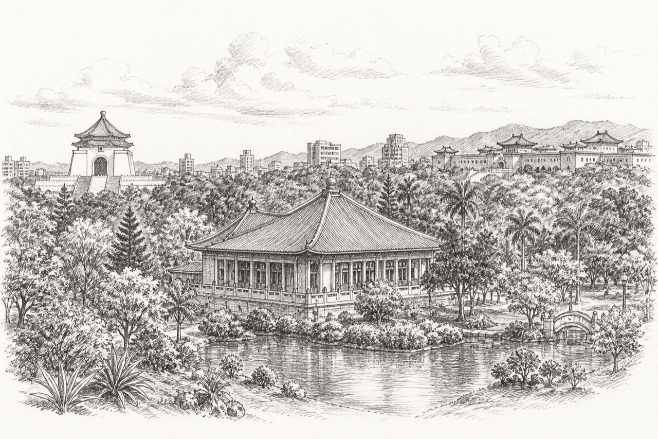 Hand-drawn pencil travel sketch for Taipei, Taiwan