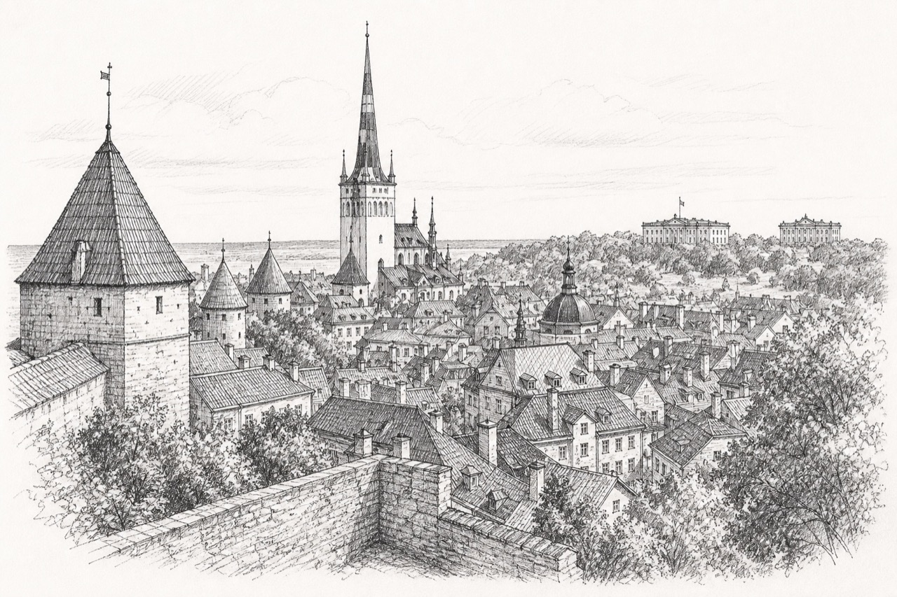 Hand-drawn pencil travel sketch for Tallinn, Estonia