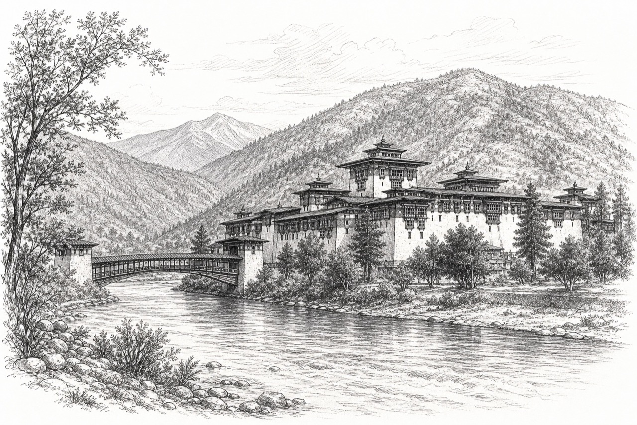 Hand-drawn pencil travel sketch for Tashi Chho Dzong, Bhutan