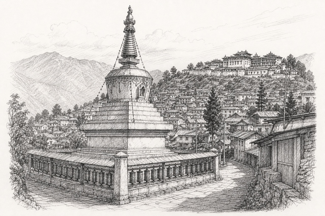 Hand-drawn pencil travel sketch for Tawang Town