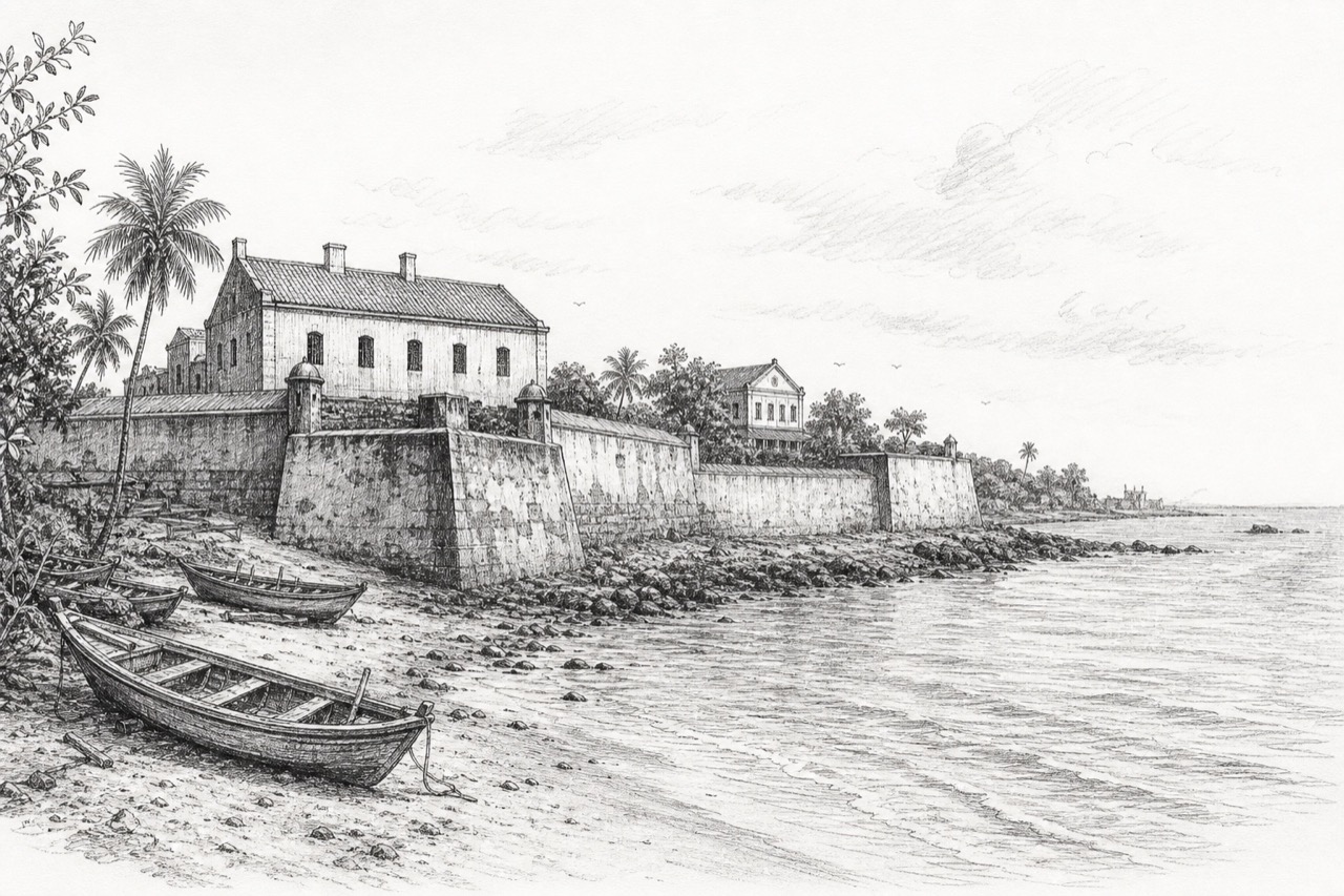 Hand-drawn pencil travel sketch for Tharangambadi