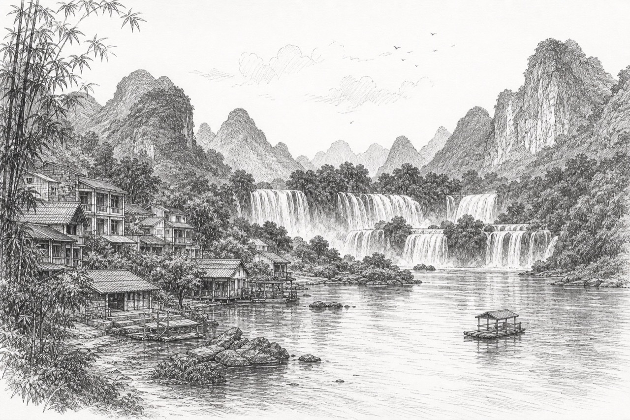 Hand-drawn pencil travel sketch for Thị Trấn Thanh Nhật, Vietnam
