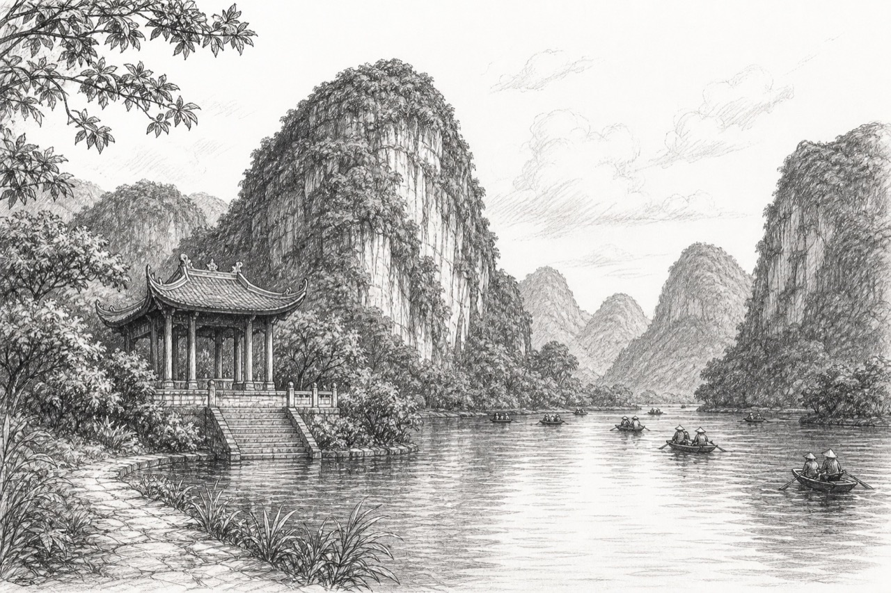 Hand-drawn pencil travel sketch for Thiên Tồn, Vietnam