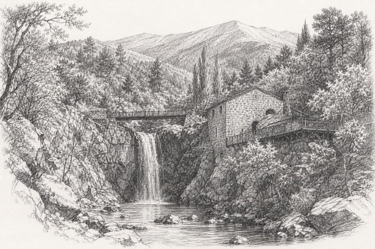 Hand-drawn pencil travel sketch for Tróodos, Cyprus