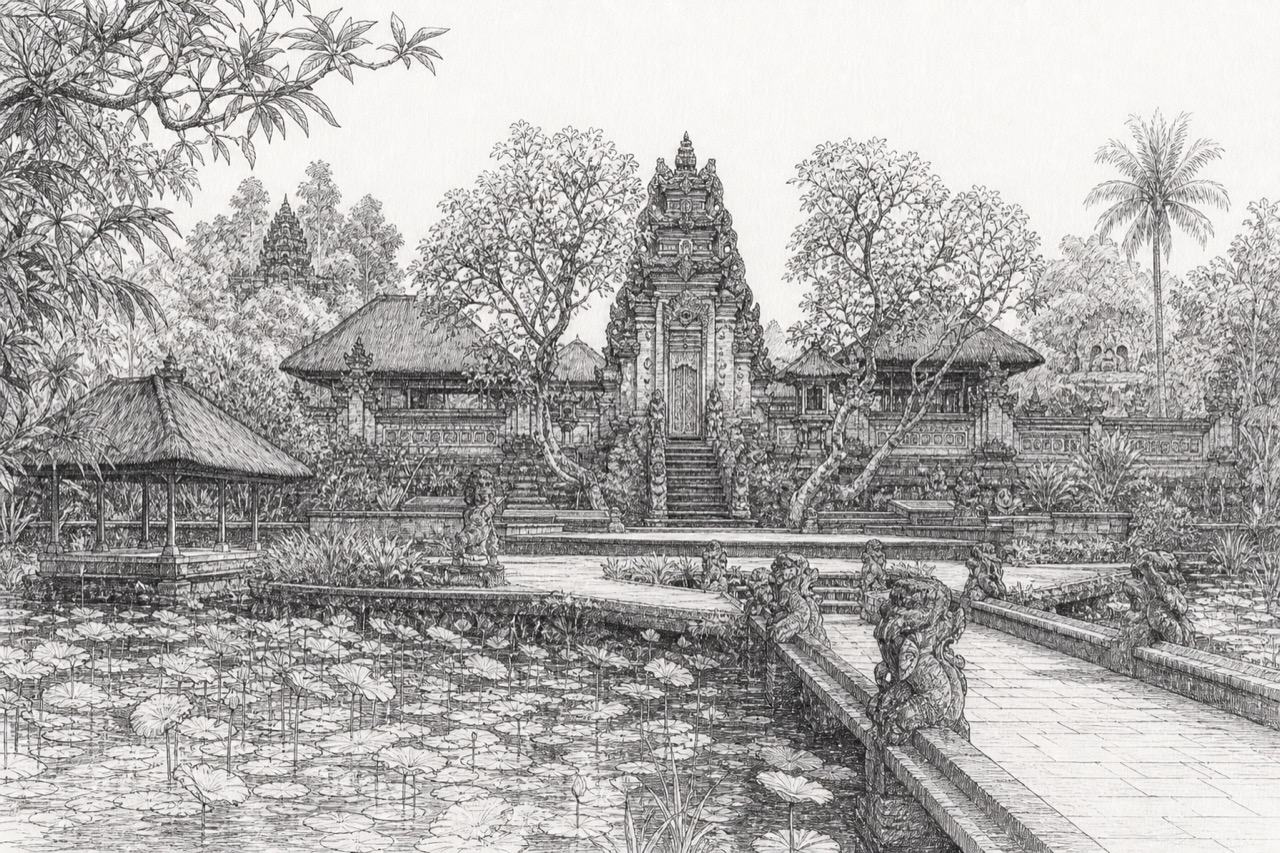 Hand-drawn pencil travel sketch for Ubud, Indonesia