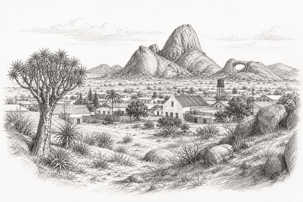 Hand-drawn pencil travel sketch for Usakos, Namibia