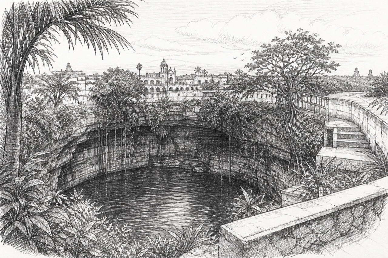 Hand-drawn pencil travel sketch for Valladolid, Mexico