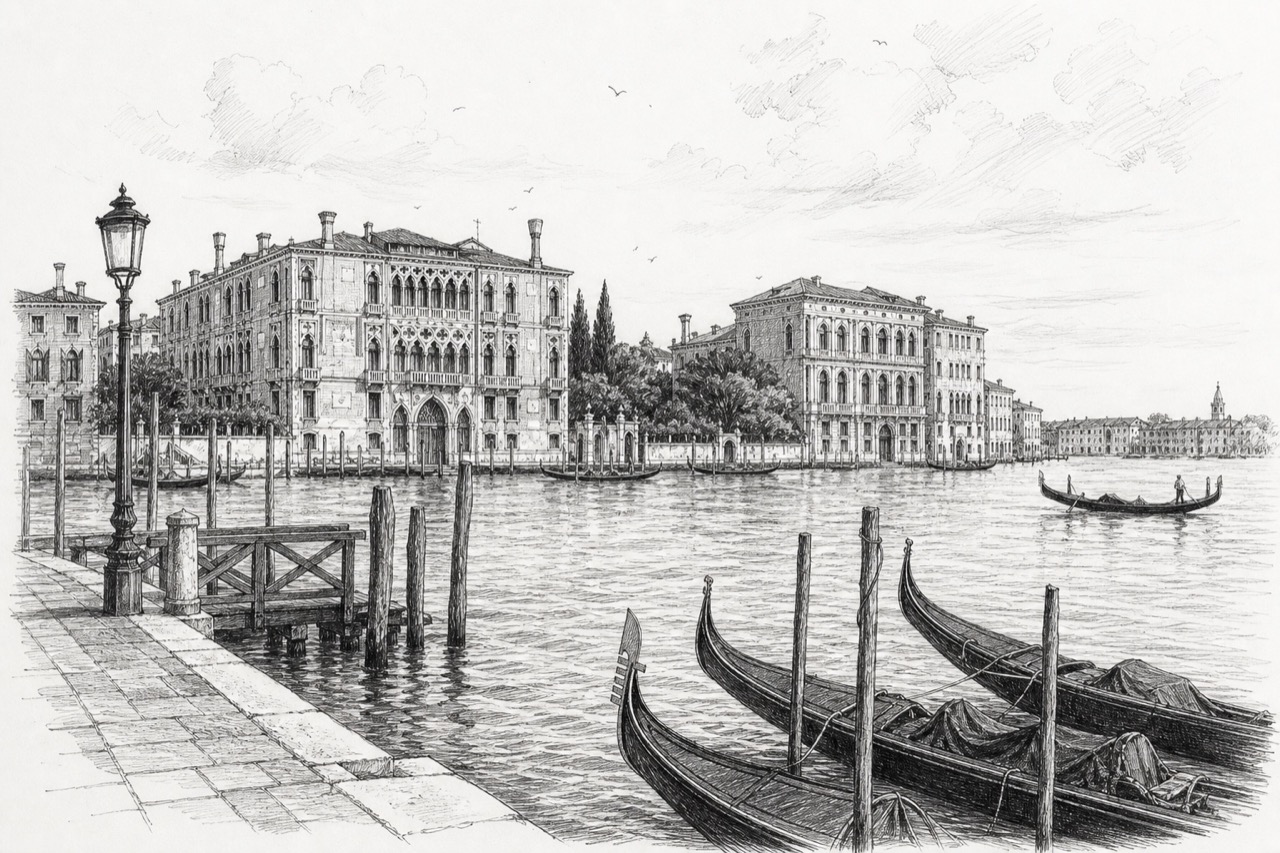 Hand-drawn pencil travel sketch for Venice, Italy