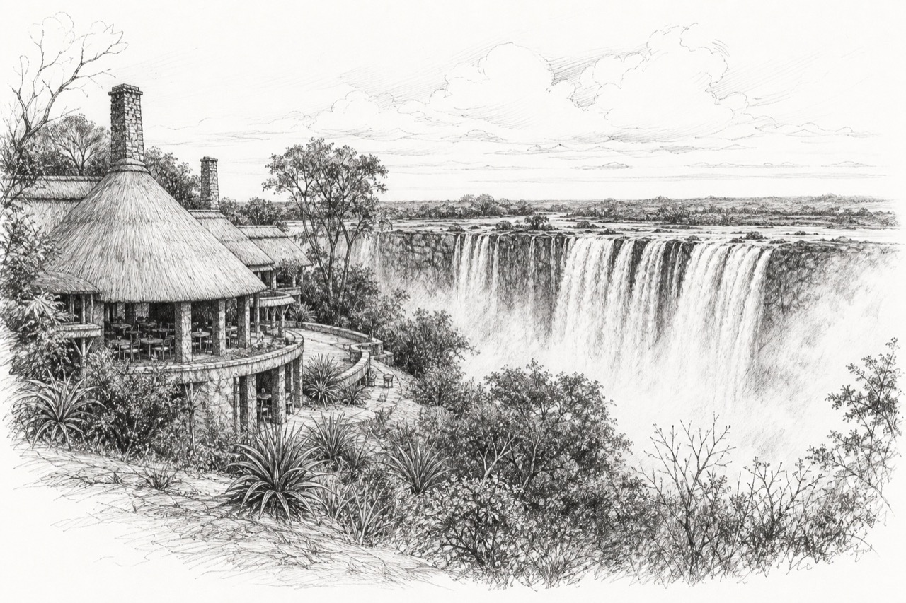 Hand-drawn pencil travel sketch for Victoria Falls, Zimbabwe