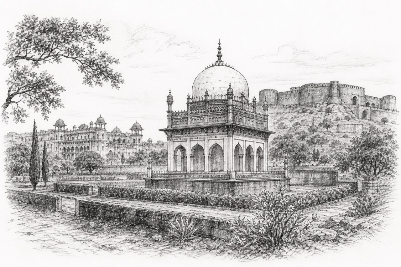 Hand-drawn pencil travel sketch for Vijayapura