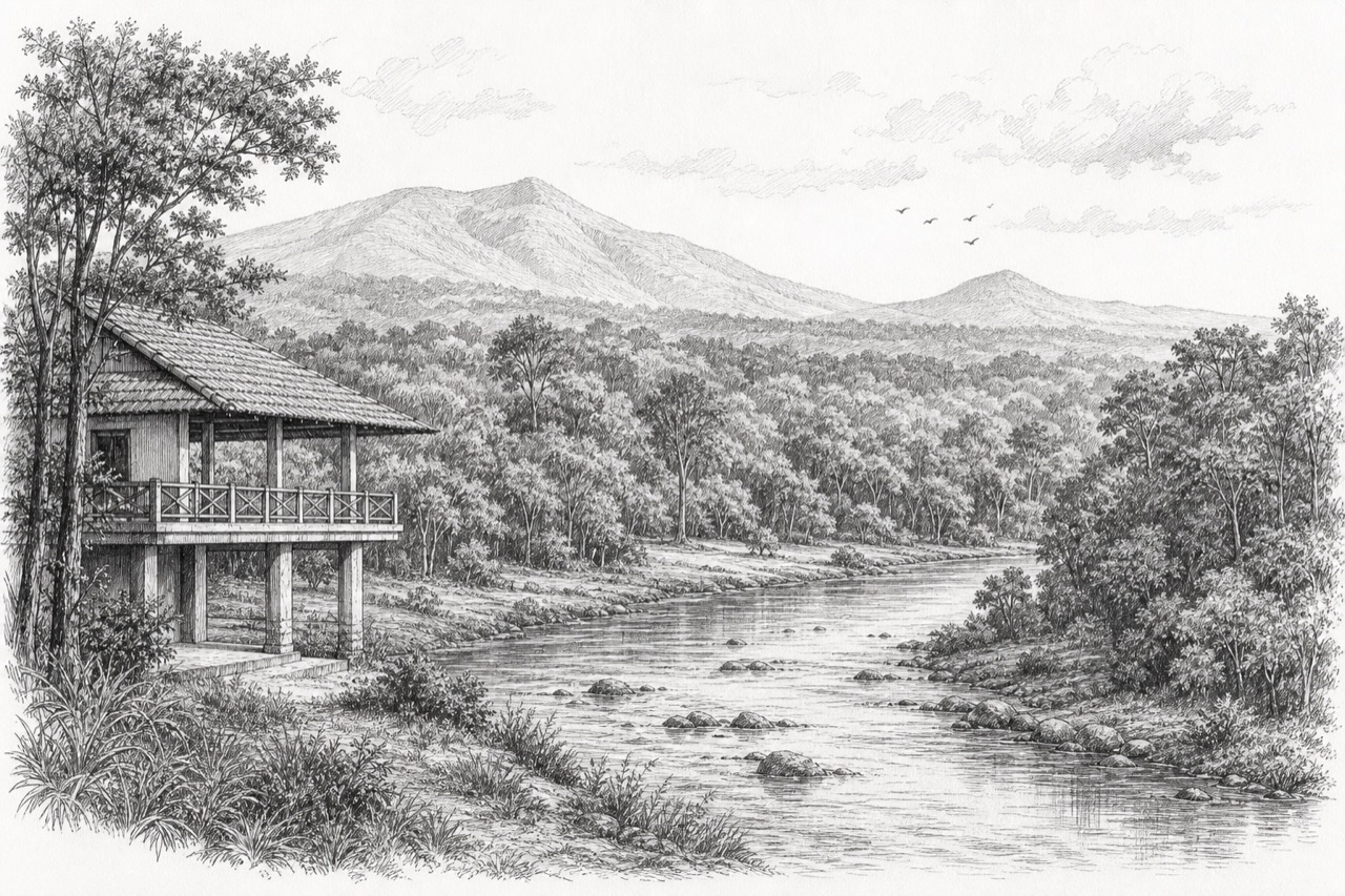 Hand-drawn pencil travel sketch for Virajpet