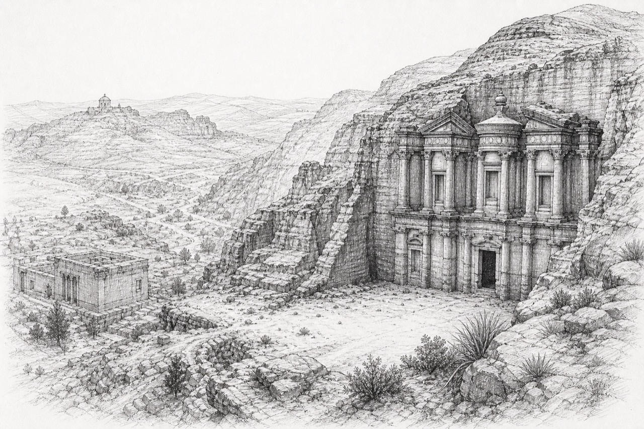 Hand-drawn pencil travel sketch for Wādī Mūsá, Jordan