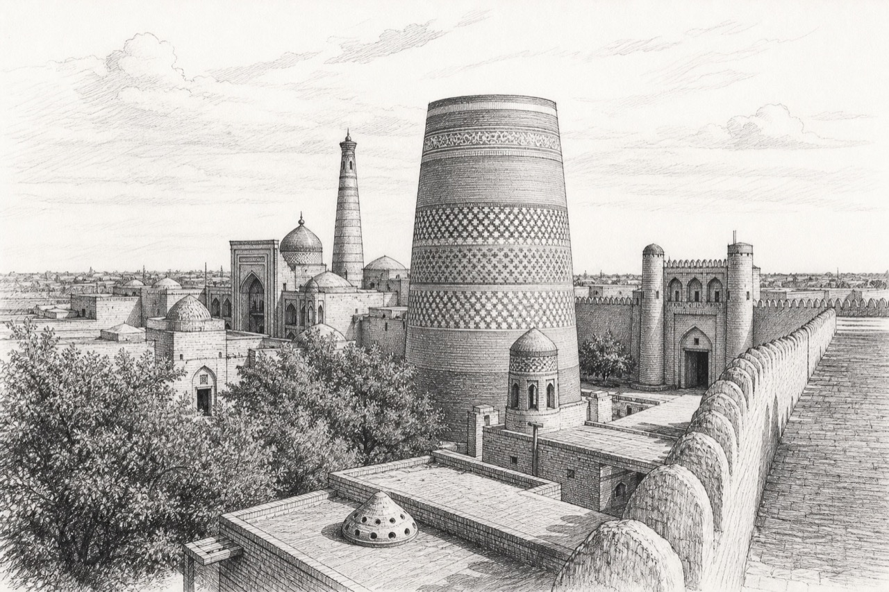 Hand-drawn pencil travel sketch for Xiva, Uzbekistan