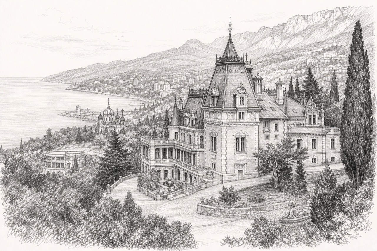 Hand-drawn pencil travel sketch for Yalta, Ukraine